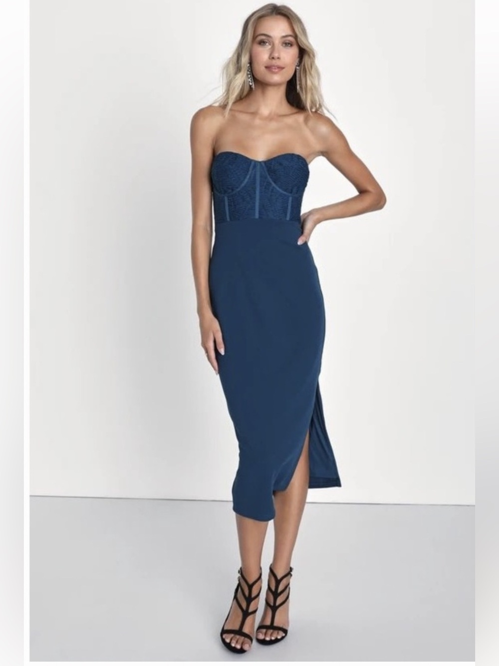 Lulu's Navy Blue Strapless Midi Dress
